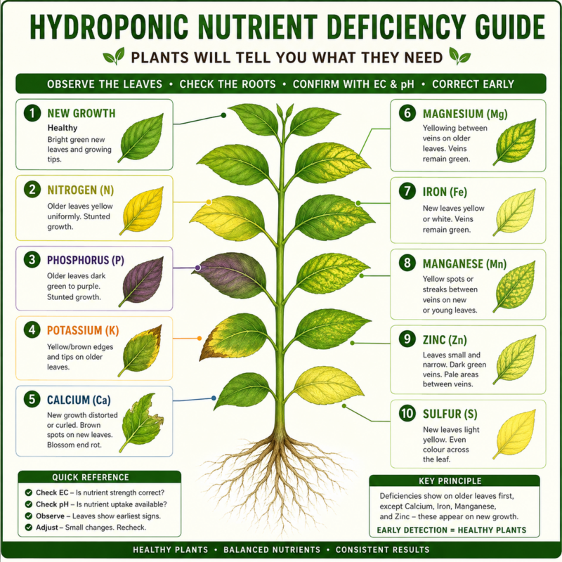 Hydroponic Nutrient Deficiency Guide of plant leaves.