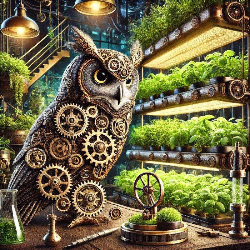Steampunk Owl Calculating Hydroponic Nutrients