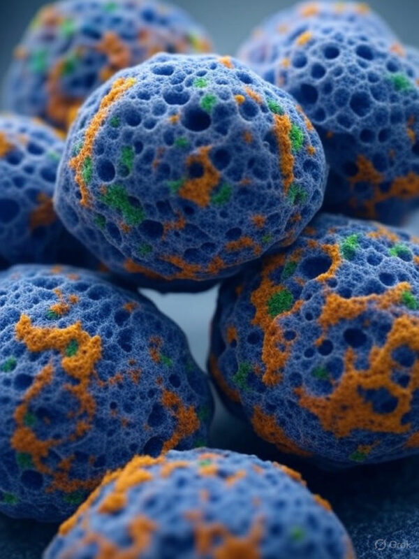 A close-up, semi-microscopic view of porous biochar particles, depicted as a sponge-like structure with tiny cavities glowing with colorful microbial life (bacteria and fungi in greens, blues, and purples). Show nutrient particles (yellow/orange) trapped in pores to illustrate the ‘Microbe Hotel’ concept. Realistic yet slightly stylized, with a clean, scientific aesthetic. Ensure colors pop on both light and dark backgrounds