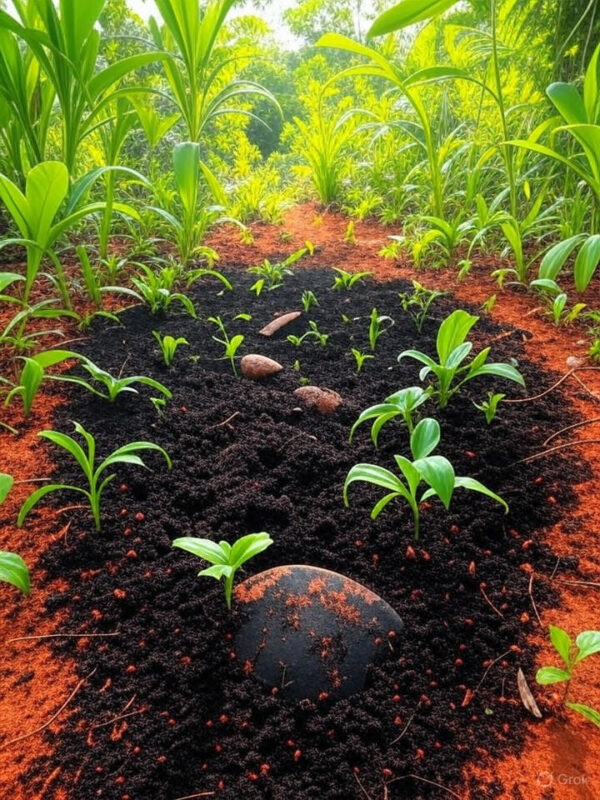 A lush Amazonian jungle scene with a patch of dark, fertile Terra Preta soil exposed in the foreground. The soil is rich black, contrasting with surrounding reddish jungle soil, with vibrant green plants sprouting from it. Include subtle archaeological hints like ancient pottery shards partially buried in the soil. Use natural lighting with a warm, tropical glow. Realistic style, high detail, vibrant colors suitable for light and dark website backgrounds.