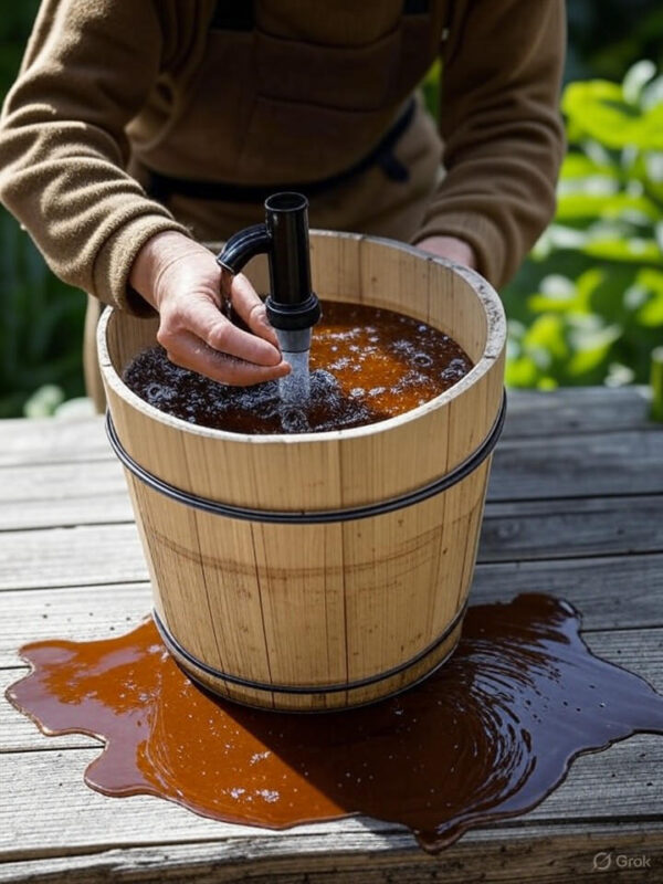 A realistic scene of a gardener preparing Worm Tea in a bucket. Show a rustic bucket filled with dark brown liquid (Worm Tea), with air bubbles from an aerator pump. Include a handful of vermicompost and a drizzle of molasses being added. Place the bucket on a wooden table in a lush garden setting with green plants in the background. Use natural daylight, with earthy tones that work on light and dark website themes.