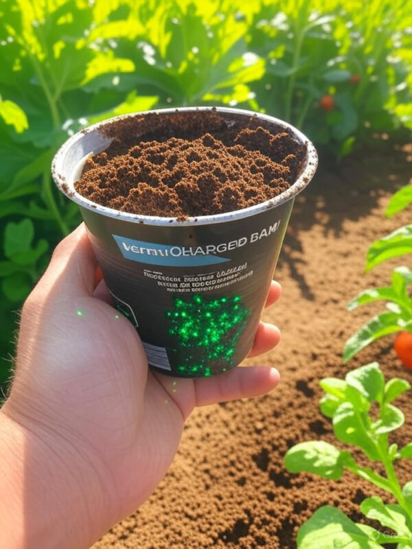 A vibrant close-up of a gardener’s hand holding a 1L vented tub of VermiCHARged BAM!, with rich, dark biochar-vermicompost mix spilling slightly to reveal its crumbly texture. The background features a lush garden with thriving vegetable plants (tomatoes, lettuce) under bright sunlight, showcasing fertile soil. Include subtle visual cues of microbial life (faint glowing green/blue specks) to represent the ‘Microbe Hotel.’ Use earthy tones with pops of green and brown, ensuring colors are vivid for light and dark website backgrounds. Realistic style, high detail, no text in image.