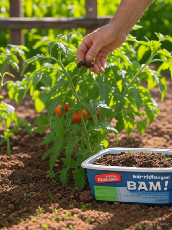 A vibrant garden scene showing a gardener applying charged Bio-Char to a vegetable bed. Depict a hand sprinkling dark, crumbly biochar-vermicompost mix into soil around thriving tomato plants with red fruits. Include a branded 1L vented tub of VermiCHARged BAM! on the ground. Use bright, natural sunlight with rich greens and browns, ensuring colors stand out on both light and dark website backgrounds.
