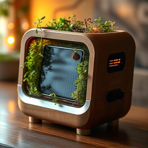 An iconic Solarpunk device: a central unit that merges organic forms (like growing mycelium) with sleek, energy-efficient technology, such as a small, integrated solar panel. The device is made from polished wood and brushed metal, symbolizing sustainable innovation. Warm, hopeful lighting. Style: SolarPunk