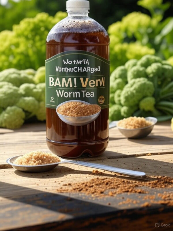 realistic scene of a gardener preparing Activated VermiCHARged BAM! Worm Tea. Show a 1-liter bottle filled with dark brown Worm Tea, with bubbles indicating microbial activation, placed on a wooden table in a garden setting. Include a tablespoon of brown sugar and a scoop of VermiCHARged BAM! nearby, with lush green plants (e.g., flowering vegetables) in the background. Use natural daylight with earthy tones (browns, greens) that pop on both light and dark website themes. Realistic style, high detail, no text in image.