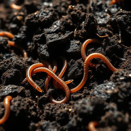A close-up of rich, dark compost teeming with life. Visible worms, a textured, moist surface. Sunlight filtering through. A sense of nature and abundance. Macro photography.