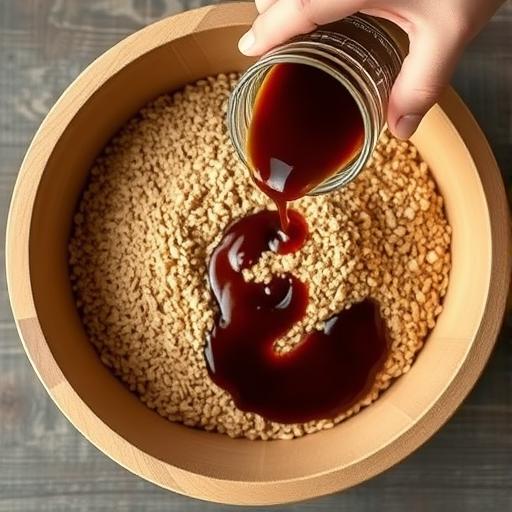 A large wooden mixing bowl filled with light brown wheat bran. A hand is pouring a dark, syrupy liquid (molasses) from a jar into the bran. Top-down photo style, rustic and natural.