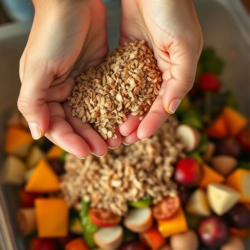 A person's hands sprinkling a coarse, wheat-colored bran over fruit and vegetable scraps in a container. Close-up shot, focus on the textures of the food and the bran. Warm, inviting lighting.