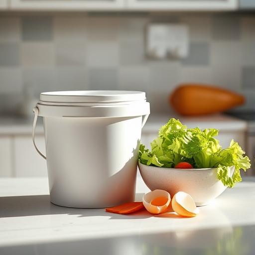 A stylish, modern kitchen countertop. A simple white bucket with a loose-fitting lid sits next to a bowl of colorful vegetable scraps (carrot tops, eggshells, lettuce). Soft, natural morning light. Photorealistic, clean and bright.